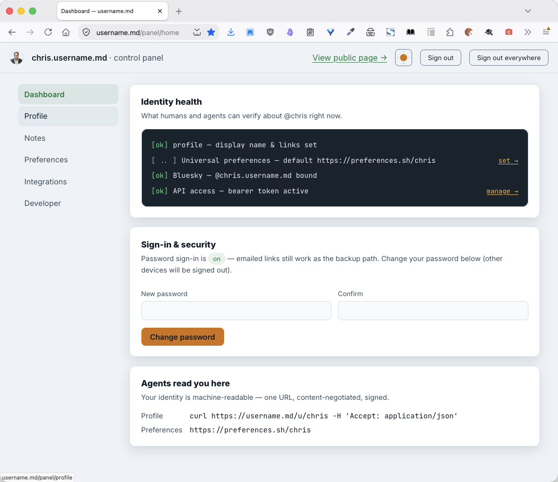 The username.md control panel dashboard for chris.username.md, showing an Identity health checklist (profile, universal preferences, Bluesky binding, API access), sign-in and security settings, and the curl commands agents use to read the profile.